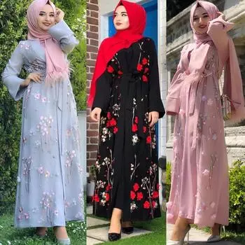 Мусульманское женское платье макси, модное платье с цветочным принтом Баджу Джуба Муслима, платье с длинными рукавами, вечерние в Дубае, исламское платье XXL