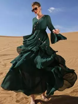 Мусульманское женское темно-зеленое шифоновое большое свободное платье с вышивкой из бисера, модное платье, халат S темно-зеленого