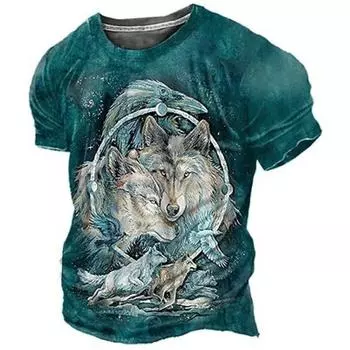 Муж. Футболка Футболка Графика Животные Волк Круглый вырез Одежда Одежда 3D принт На открытом воздухе Повседневные С короткими рукавами С принтом Модельер Винтаж S
