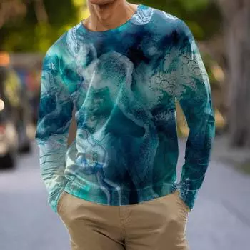 Муж. Футболка Графика Абстракция Шея Одежда Одежда На открытом воздухе Длинный рукав С принтом Модельер Винтаж L синий