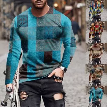 Муж. Футболка Графика Абстракция Шея Одежда Одежда На открытом воздухе Длинный рукав С принтом Модельер Винтаж L синий