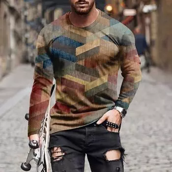 Муж. Футболка Графика Абстракция Шея Одежда Одежда На открытом воздухе Длинный рукав С принтом Модельер Винтаж S синий