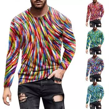 Муж. Футболка Графика Абстракция Шея Одежда Одежда На открытом воздухе Длинный рукав С принтом Модельер Винтаж XXXL синий