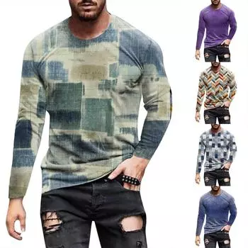 Муж. Футболка Графика Абстракция Шея Одежда Одежда На открытом воздухе Длинный рукав С принтом Модельер Винтаж S зелёный