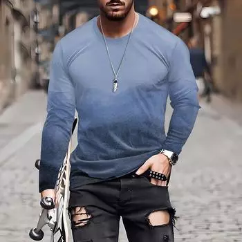 Муж. Футболка Круглый вырез Одежда Одежда На открытом воздухе Длинный рукав С принтом Модельер Винтаж L синий