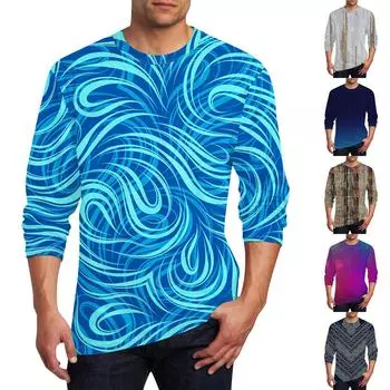 Муж. Футболка Круглый вырез Одежда Одежда На открытом воздухе Длинный рукав С принтом Модельер Винтаж L темно-синий