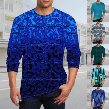 Муж. Футболка Круглый вырез Одежда Одежда На открытом воздухе Длинный рукав С принтом Модельер Винтаж L синий