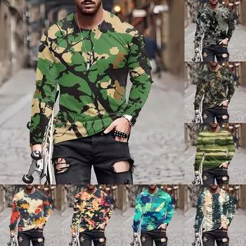 Муж. Футболка Круглый вырез Одежда Одежда На открытом воздухе Длинный рукав С принтом Модельер Винтаж L армия зеленый