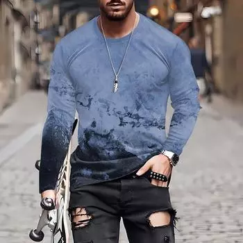 Муж. Футболка Круглый вырез Одежда Одежда На открытом воздухе Длинный рукав С принтом Модельер Винтаж M фиолетовый