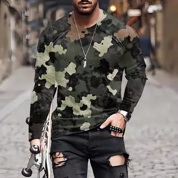 Муж. Футболка Круглый вырез Одежда Одежда На открытом воздухе Длинный рукав С принтом Модельер Винтаж M