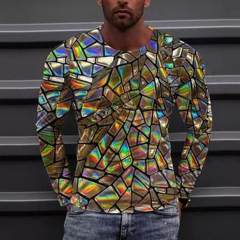 Муж. Футболка Круглый вырез Одежда Одежда На открытом воздухе Длинный рукав С принтом Модельер Винтаж M синий