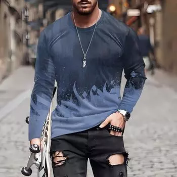 Муж. Футболка Круглый вырез Одежда Одежда На открытом воздухе Длинный рукав С принтом Модельер Винтаж M фиолетовый