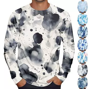 Муж. Футболка Круглый вырез Одежда Одежда На открытом воздухе Длинный рукав С принтом Модельер Винтаж S циан