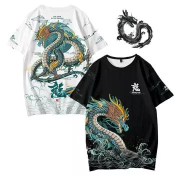 Муж. Футболка Мода Животный рисунок Дракона Одежда С принтом На открытом воздухе Повседневные С короткими рукавами S чёрный