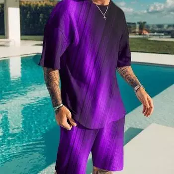 Муж. Комплект из шорт и футболки Футболка Инвентарь Красный и черный с градиентными принтами Круглый вырез На открытом воздухе Уличная одежда с короткими рукавами Одежда 2 шт. Классический Классический S красный