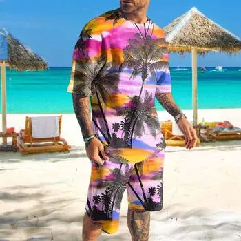 Муж. Комплект из шорт и футболки Футболка Инвентарь Графика Кокосовая пальма Круглый вырез Одежда Одежда 3D-принт С короткими рукавами На открытом воздухе Повседневные XL