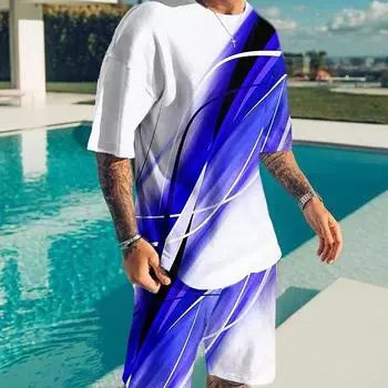 Муж. Комплект из шорт и футболки Футболка Инвентарь Струящиеся легкие линии С принтами Круглый вырез На открытом воздухе Уличный С короткими рукавами Одежда 2шт Классический Классический S красный