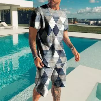 Муж. Комплект из шорт и футболки Футболка Инвентарь Серый с ромбовидным принтом Круглый вырез На открытом воздухе Уличный с короткими рукавами Одежда 2 шт. Классический Классический S серый