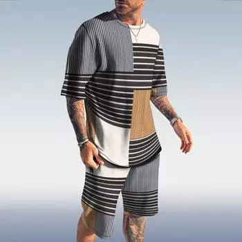 Муж. Комплект из шорт и футболки Футболка Инвентарь Контурный узор С принтом Круглый вырез На открытом воздухе Уличный С короткими рукавами Одежда 2 шт. Классический Классический S белый