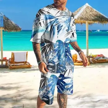 Муж. Комплект из шорт и футболки Футболка Инвентарь Отпуск Пейзажи с принтами Круглый вырез На открытом воздухе Уличный С короткими рукавами Одежда 2шт Классический Классический S синий