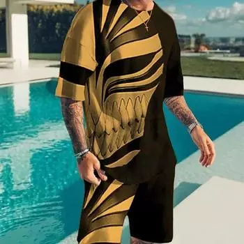 Муж. Комплект из шорт и футболки Футболка Инвентарь Графический принт Технология Круглый вырез Черный Желтый Красный Синий Фиолетовый 3D-принт На открытом воздухе XL