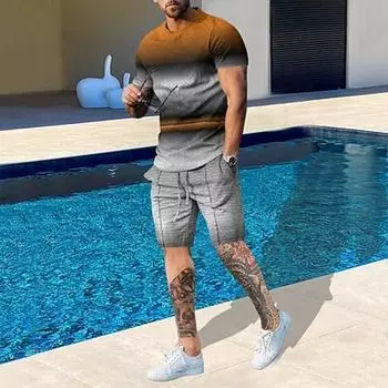 Муж. Комплект с шортами Футболка Инвентарь Графика Контрастных цветов с круглым вырезом Одежда Одежда 3D принт На открытом воздухе Повседневные С короткими рукавами 2 шт. S