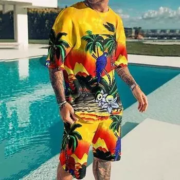 Муж. Шорты Футболка Комплект одежды Графика Дерево Круглый вырез Одежда 3D принт На открытом воздухе Повседневные С короткими рукавами Гавайский Дизайнер На каждый день S