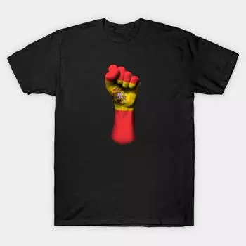 Мужчины Черная футболка с принтом Super Large TShirt флаг Испании с поднятым кулаком No-Cut Передача бумаги с принтом Хлопковая футболка S чёрный