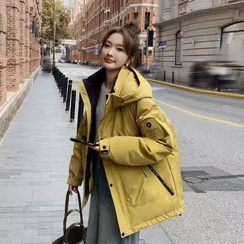 Мужчины и женщины с одинаковой хлопковой одеждой 2024 года, осенне-зимняя новая куртка с капюшоном, ветрозащитная пара, короткая уличная одежда с хлопковой подкладкой, прилив M жёлтый