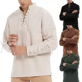 Мужчины Speing Top Воротник-стойка на шнуровке с V-образным вырезом и длинным рукавом Сплошной цвет Готический панк Пиратский стиль Свободный пуловер Мягкая дышащая мужская рубашка средней длины M кофейный