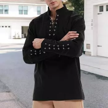 Мужчины Speing Top Воротник-стойка на шнуровке с V-образным вырезом и длинным рукавом Сплошной цвет Готический панк M кофейный