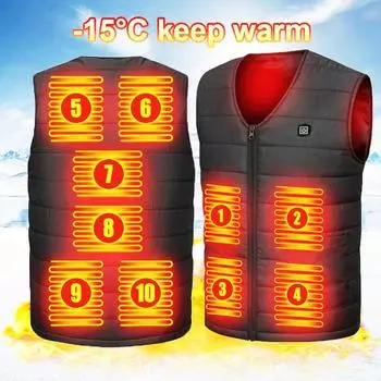 Мужчины Женщины 10 зон нагрева Изолированный жилет с подогревом USB Электрическая зарядная куртка Рыбалка Кемпинг Открытый холодостойкий моющийся жилет с подогревом XXL чёрный
