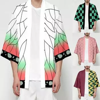 Мужчины Женщины Аниме Кимоно Камадо халат Япония Косплей Костюм Кардиган Убийца Демонов Кимэцу Но Яиба Хаори Юката Унисекс Прохладный Верхний Пальто 4XL