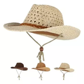 Мужчины Женщины Ретро Западная Ковбойская Шляпа Для Езды Кожаный Ремень Широкая Кепка Шляпа S бежевый