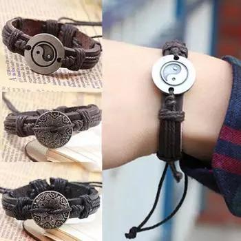 Мужчины Женщины Сплав Тай Инь Ян Шаблон Искусственная Кожа Оплетка Браслет-Цепочка 1$