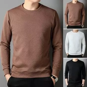 Мужская эластичная футболка с длинным рукавом, модные однотонные толстовки, повседневный текстурированный топ с круглым вырезом для повседневной носки, вечеринок, офиса, активного отдыха XL чёрный