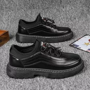 Мужская эластичная повседневная кожаная обувь, туфли Martin с низкой планкой, черные весенние новые сезоны, британская мужская обувь 39 чёрный