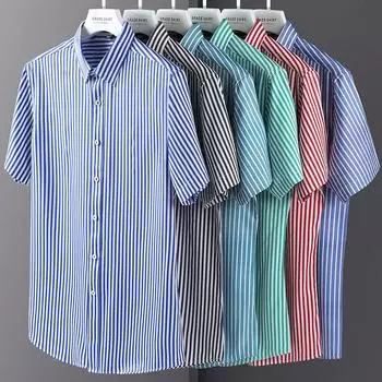 Мужская эластичная рабочая рубашка в полоску с коротким рукавом, негладкие летние мужские топы без переднего кармана, легкий уход 38