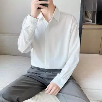 Мужская элегантная осенняя рубашка в британском стиле из шифона Ice Silk цвета кофе с длинными рукавами Medium белый