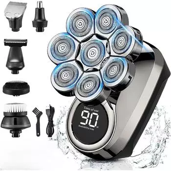 Мужская электробритва, Модернизированная 8D бритва 6-в-1 для лысины, Водонепроницаемая бритва для влажной и сухой уборки, Набор для ухода за бородой для мужчин, Беспроводная перезаряжаемая электробритва синий