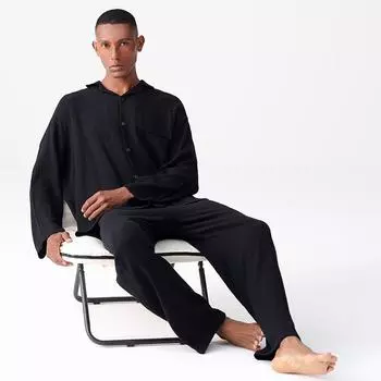 «Мужская антибактериальная марлевая хлопковая пижама — с длинными рукавами, легкая, весенне-осенний домашний костюм» L