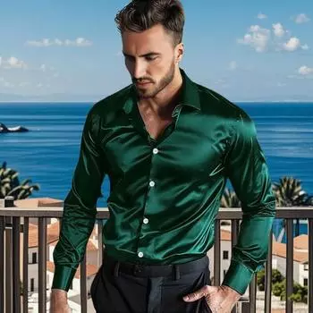 Мужская атласная глянцевая рубашка, однотонная, с длинным рукавом, гладкая, с отворотом, на пуговицах, деловая рубашка для офиса, свадьбы, вечеринки M белый