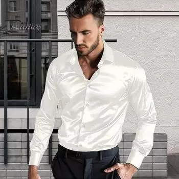 Мужская атласная глянцевая рубашка, однотонная, с длинным рукавом, гладкая, с отворотом, на пуговицах, деловая рубашка для офиса, свадьбы, вечеринки M вино красного