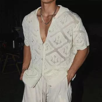 Мужская ажурная трикотажная рубашка, винтажные дышащие трикотажные рубашки, мужские летние стильные однотонные топы с коротким рукавом XXXL абрикосовый