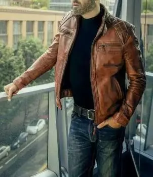 Мужская байкерская куртка из натуральной кожи ягненка, праздничная, загорелая, стильная, РУЧНАЯ РАБОТА XS коричневый