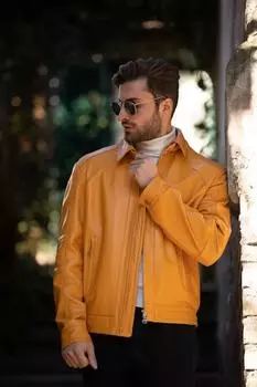 Мужская байкерская куртка из натуральной овчины желтого цвета ручной работы, стильная кожа XS жёлтый