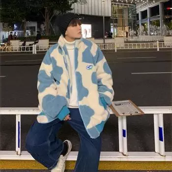 Мужская бархатная куртка ягненка, мужская корейская зимняя толстая уличная куртка в стиле Харадзюку для пар, повседневная молодежная толстовка XL синий
