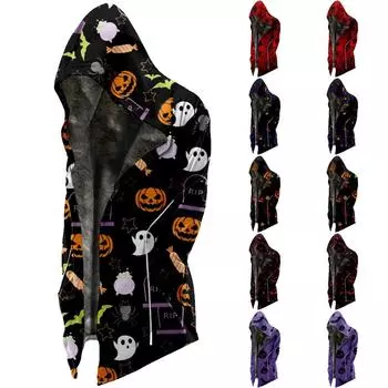 Мужская бархатная утолщенная длинная куртка с принтом Хэллоуина, мужская повседневная куртка на молнии большого размера