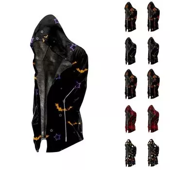 Мужская бархатная утолщенная длинная куртка с принтом Хэллоуина, мужская повседневная куртка на молнии большого размера XL чёрный