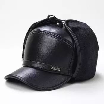 Мужская бархатная зимняя шапка с защитой ушей - теплая, толстая кожаная кепка-утконос для людей среднего и пожилого возраста Label leather hat, One Size чёрный